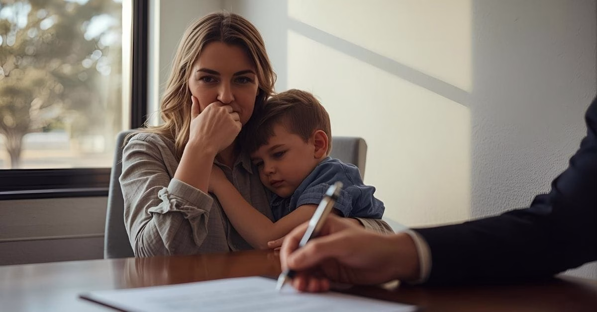 A woman holding a child while signing documents at a desk