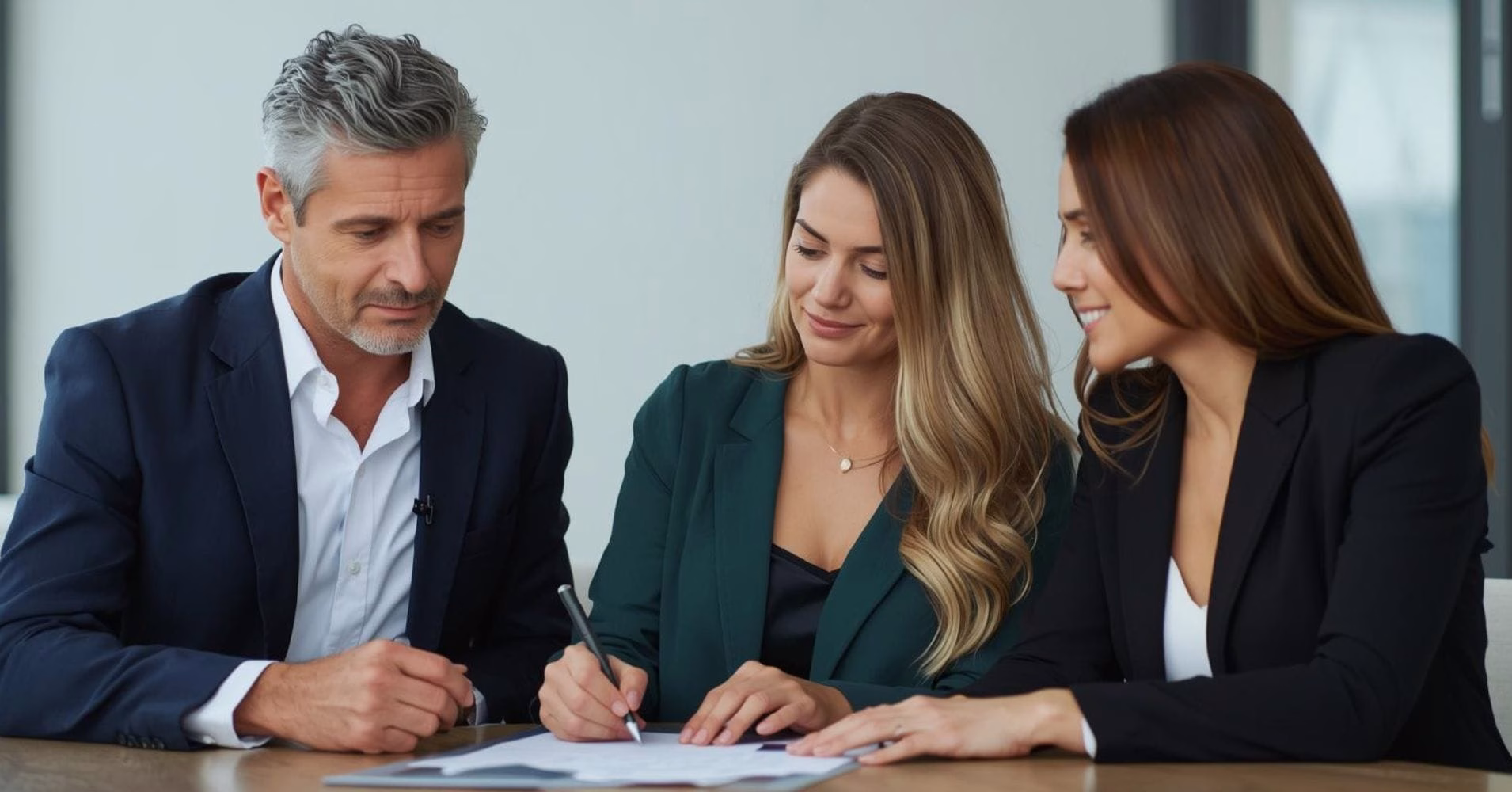 A man and two women signing documents at a desk