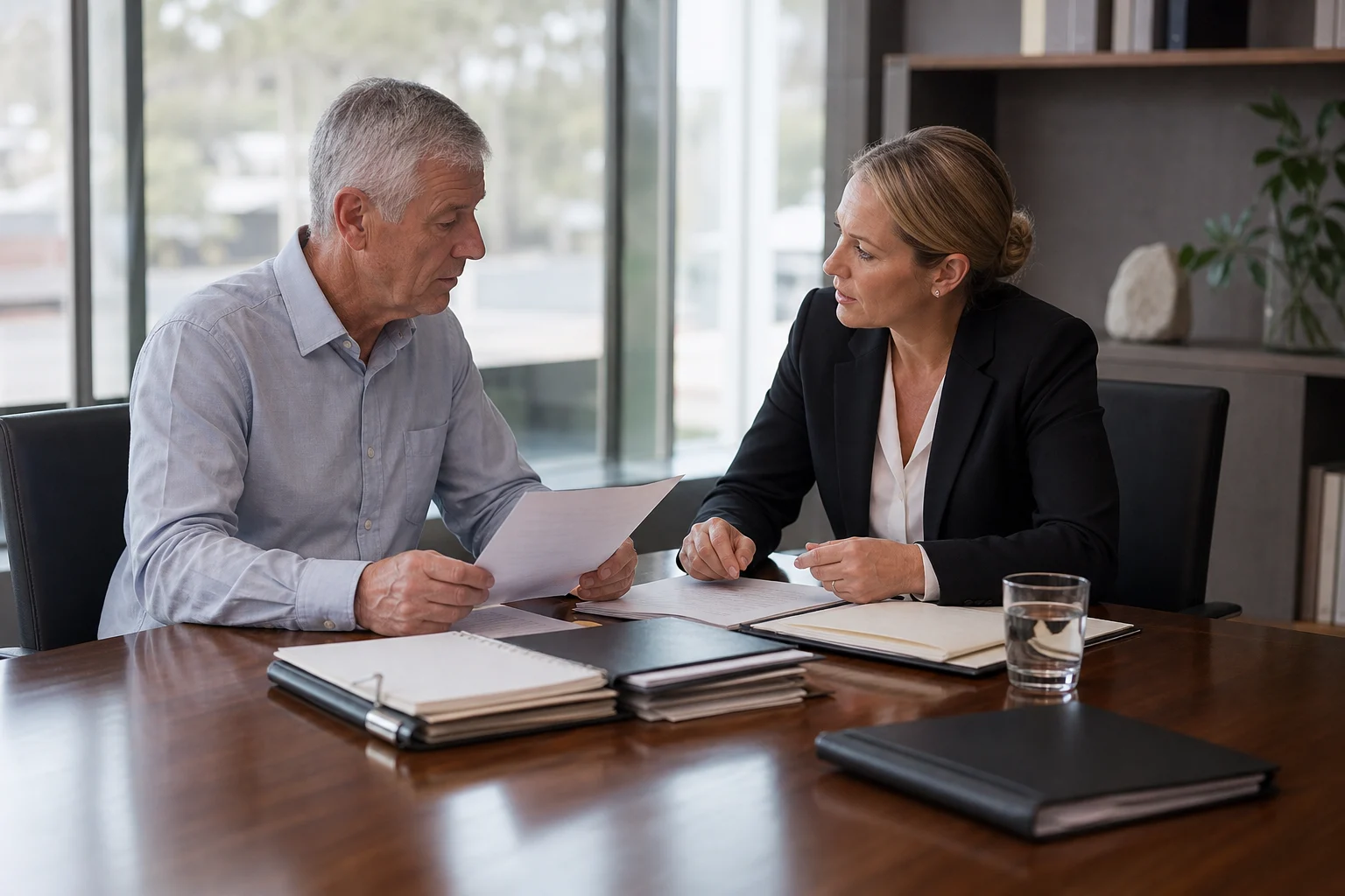 Executor and solicitor reviewing estate notice documents in an office Executor and solicitor reviewing estate notice documents in an office