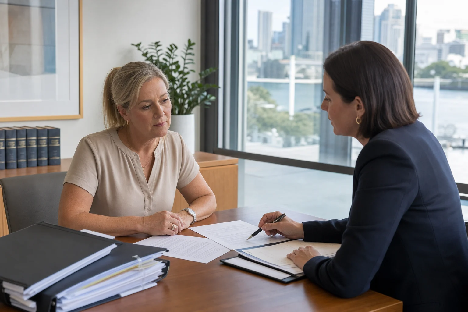 Woman and solicitor reviewing letters of administration documents in Brisbane Family Lawyers Gold Coast Coolangatta