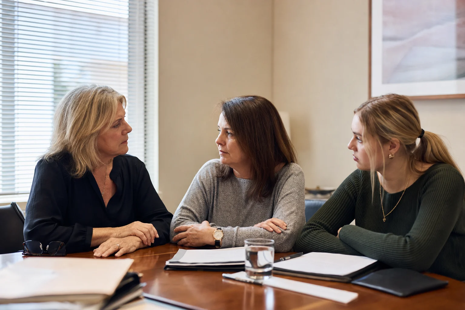 Three family members attend a meeting in a solicitor’s office Three family members attend a meeting in a solicitor's office