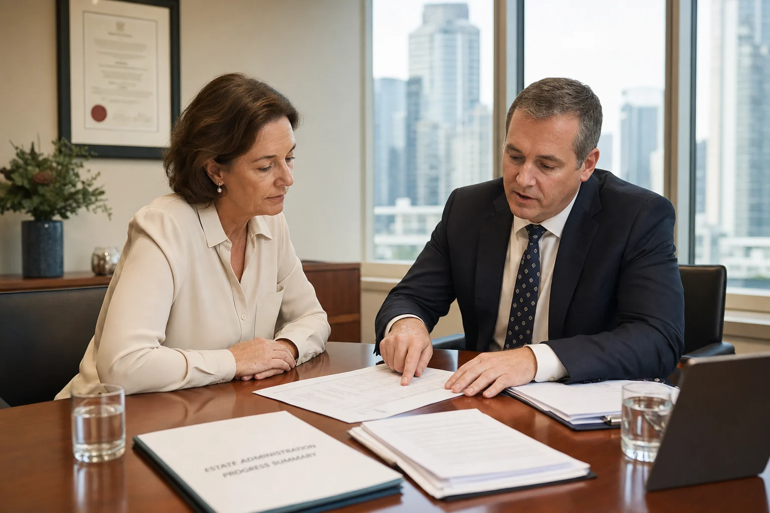 Beneficiary and solicitor examine estate accounts in Brisbane office