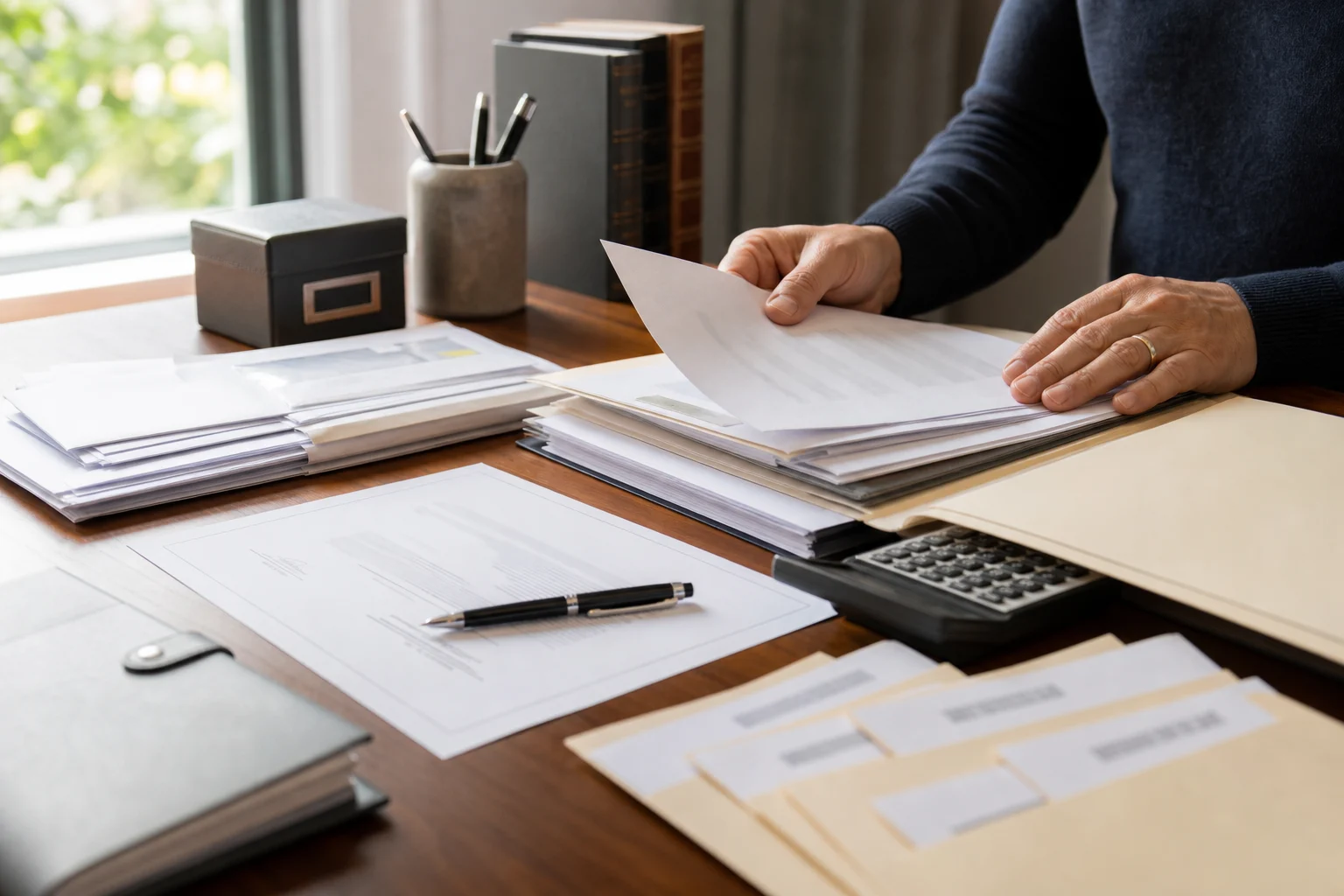 Executor organises estate documents and financial records on desk