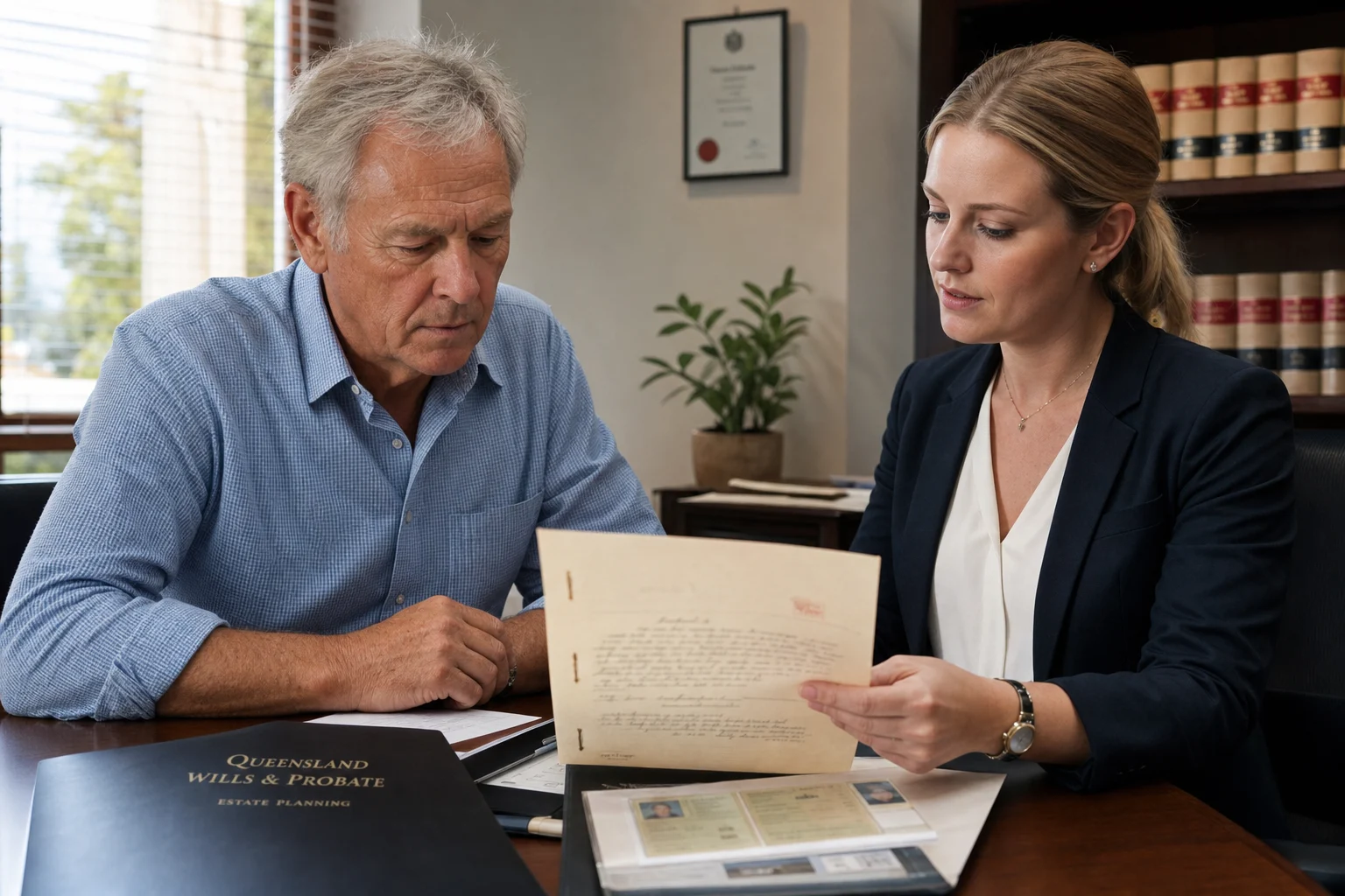 Lawyer and executor inspect alterations and staple marks on a will