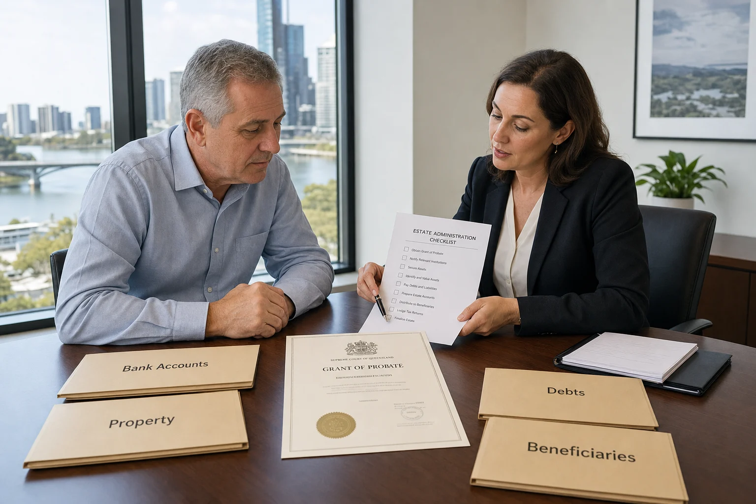 Executor and lawyer review estate administration tasks after probate