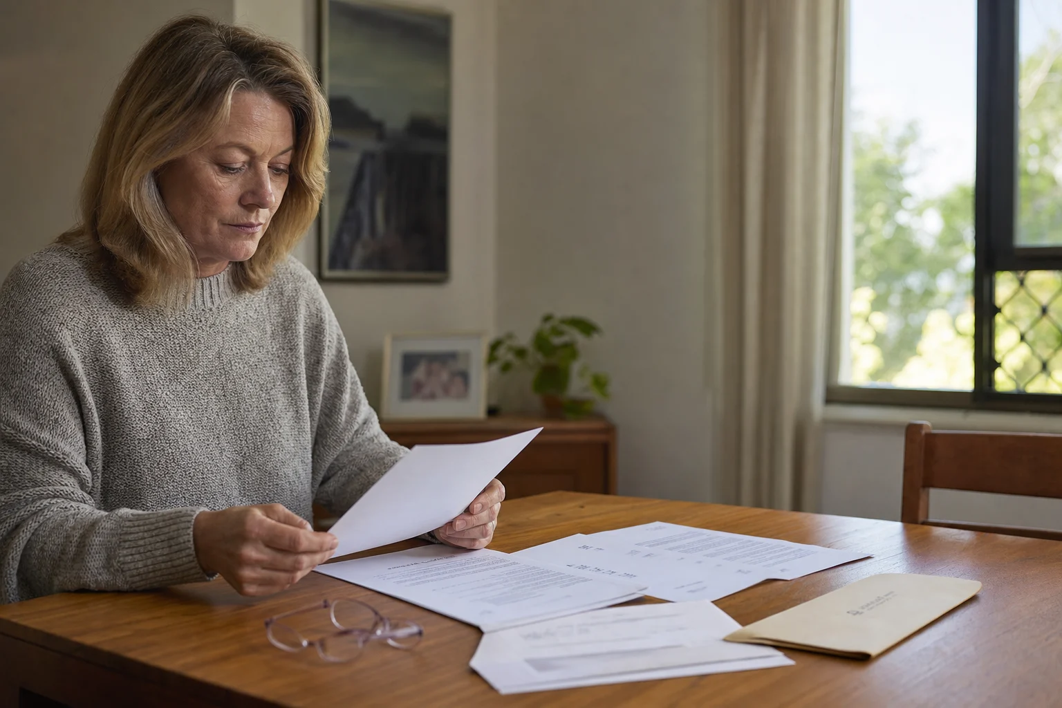 Woman reviews a will and estate correspondence at home