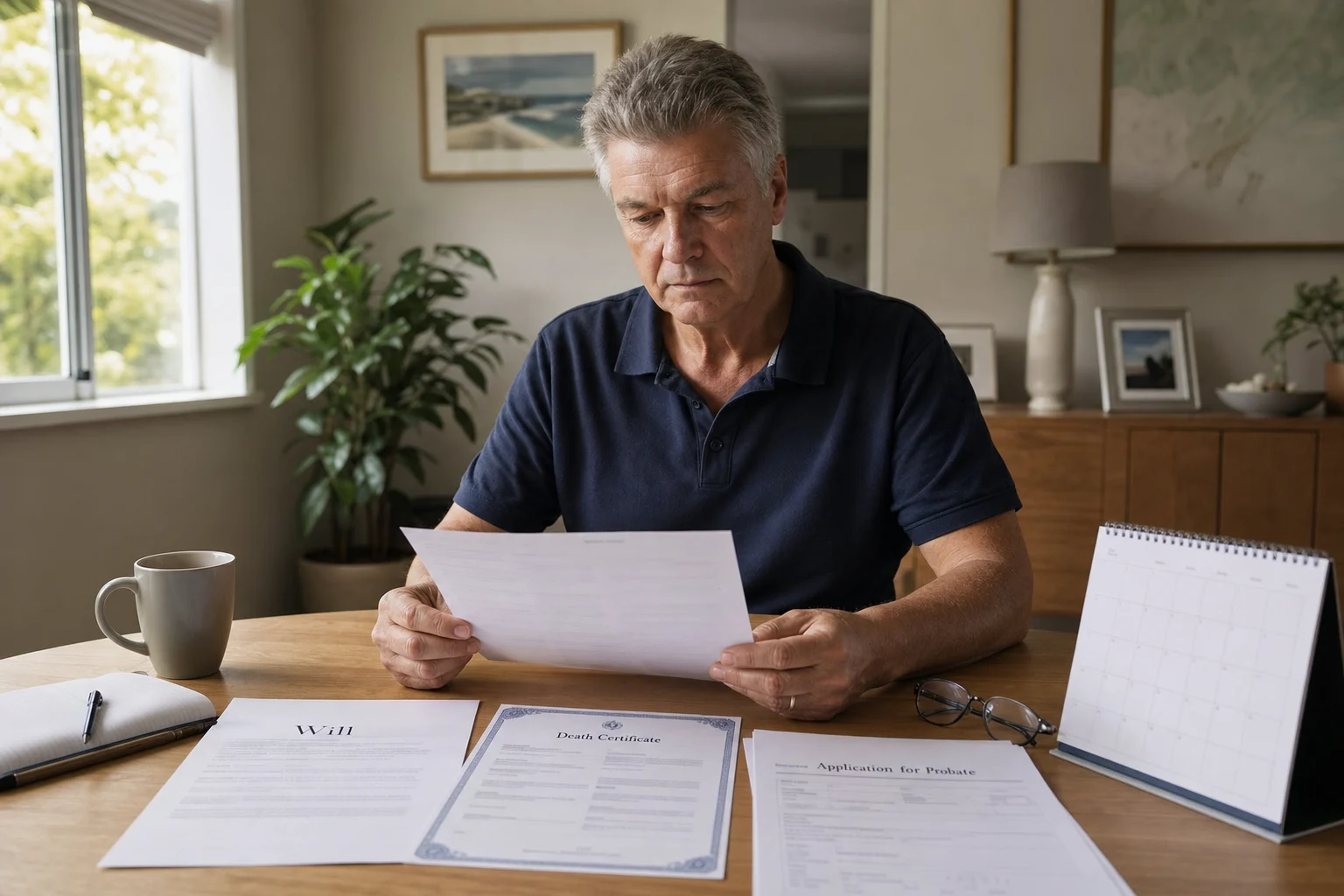 Executor reviews probate documents and calendar at a Brisbane home