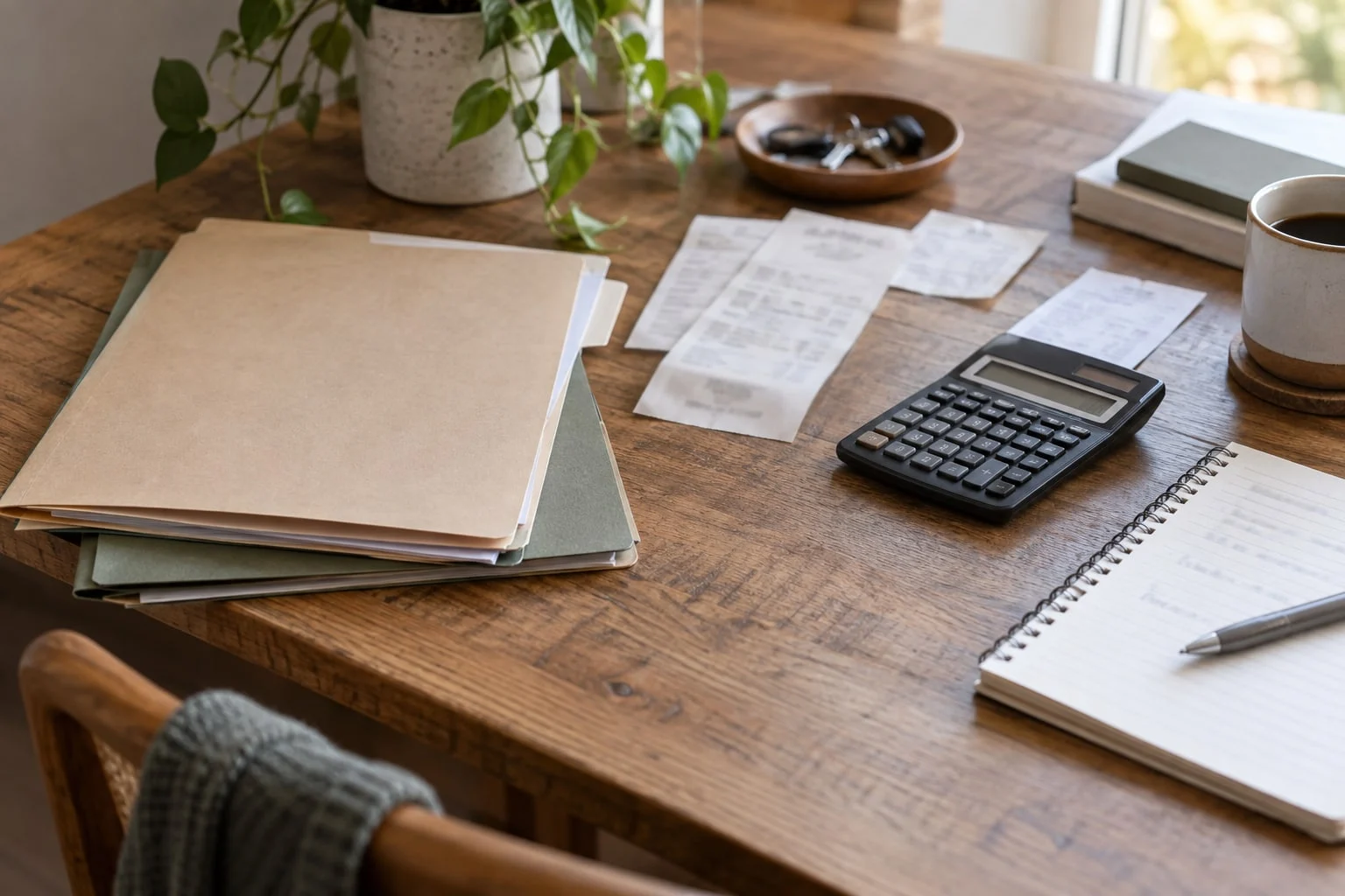 Folders, receipts and a calculator arranged for reviewing financial records