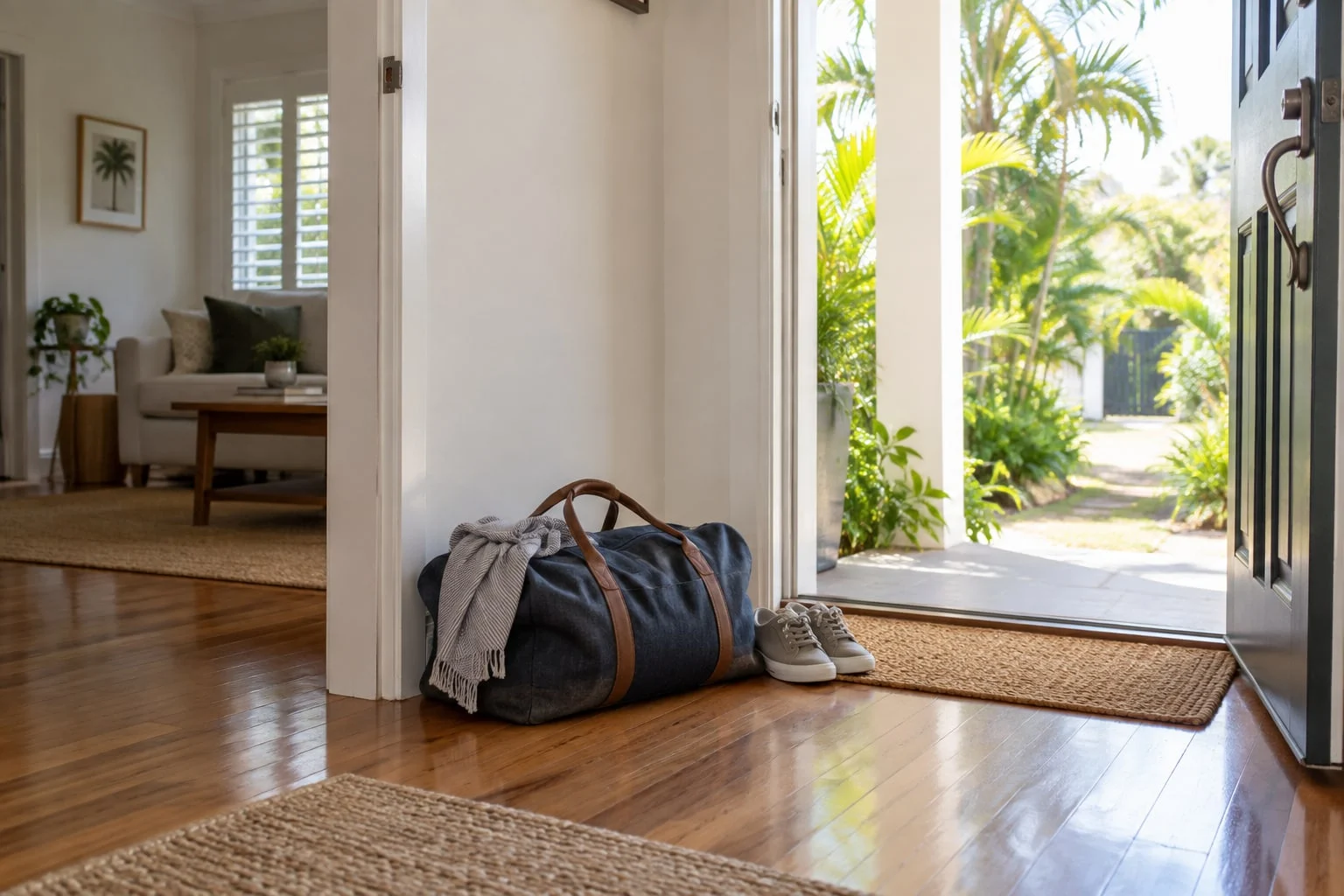 An overnight bag and shoes beside the doorway of a home