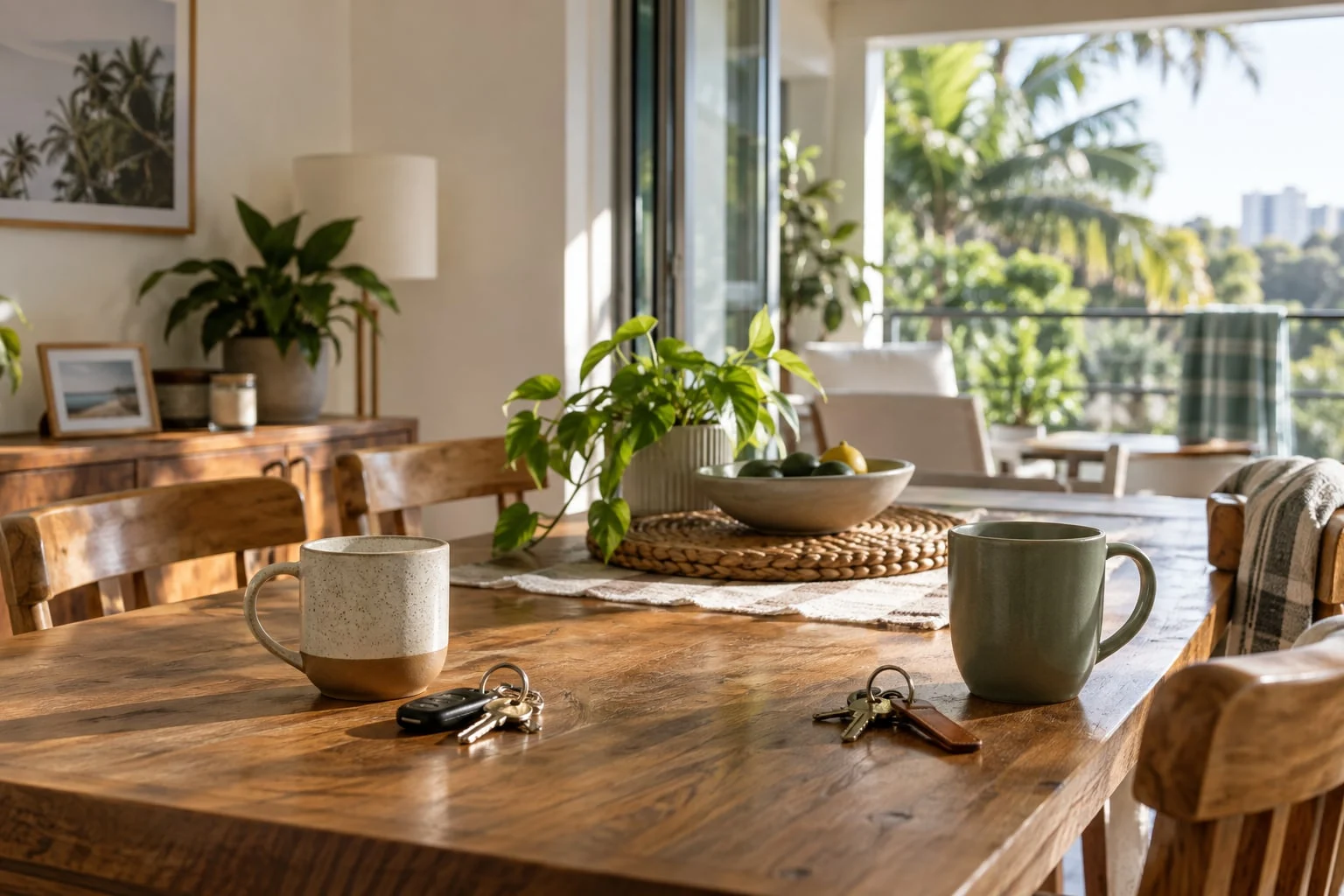 Two coffee cups and sets of keys on a table in a shared home
