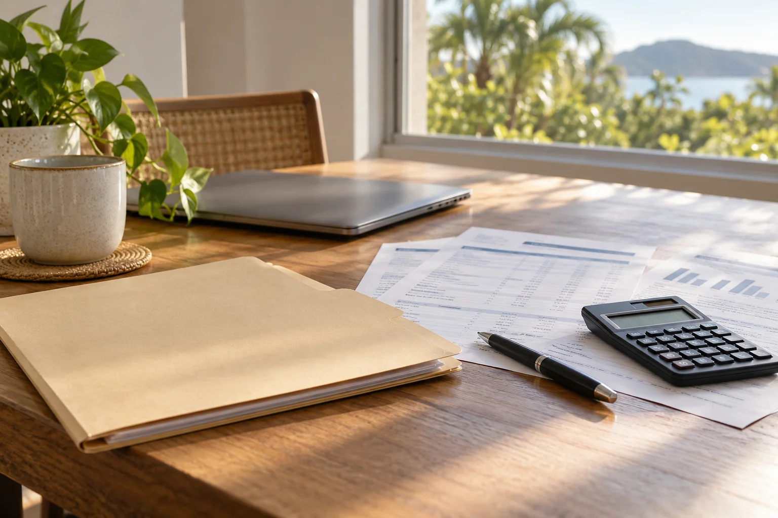 Folder, payment records and calculator prepared for an appointment