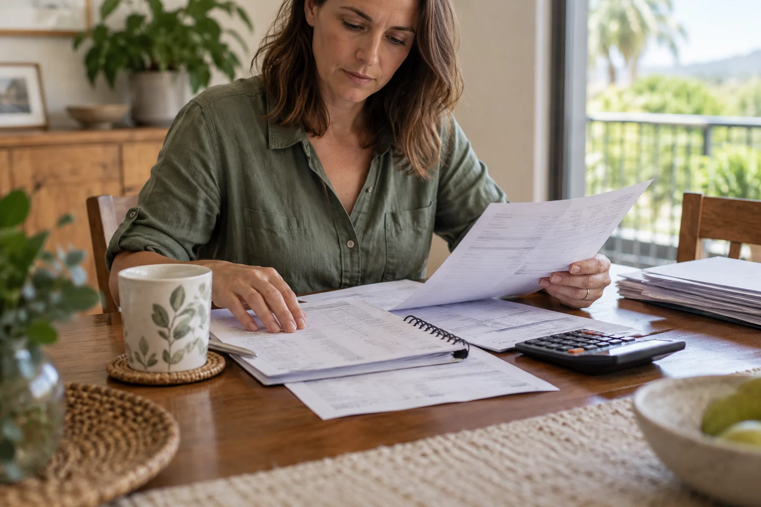 Organising payment records and bank statements at a home table