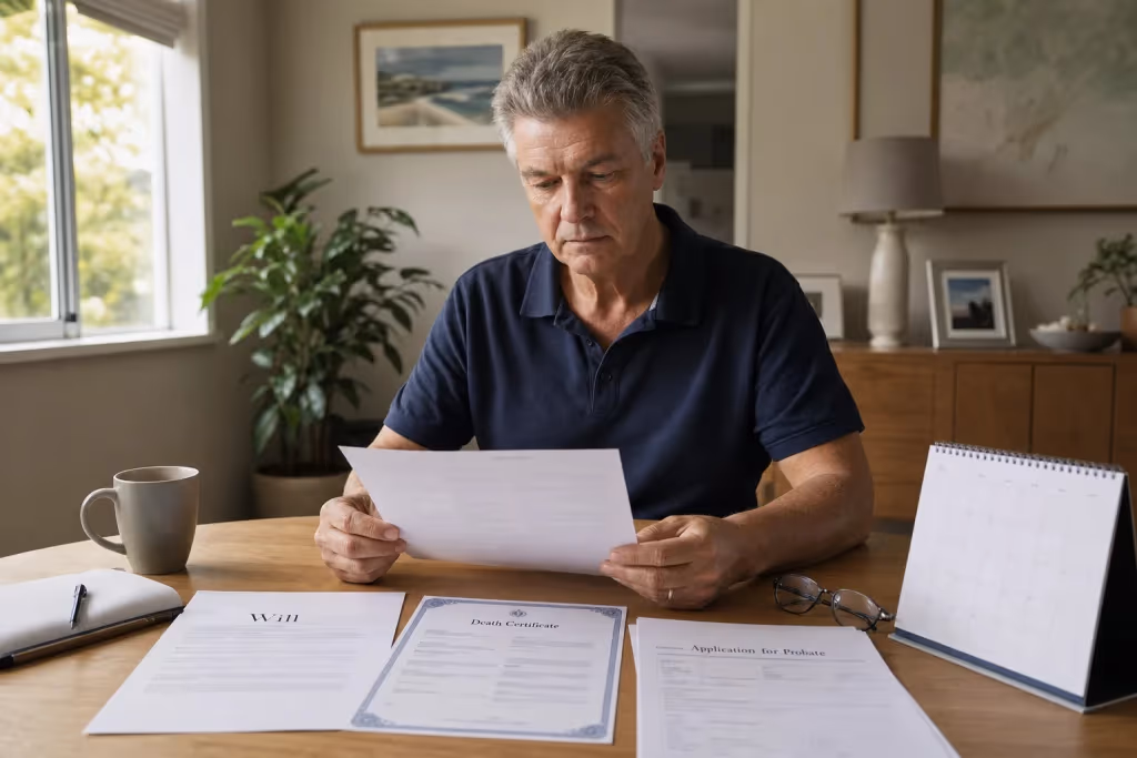 Executor reviews probate documents and calendar at a Brisbane home