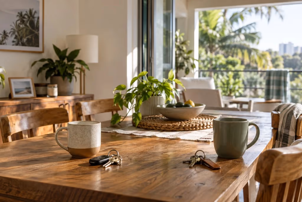 Two coffee cups and sets of keys on a table in a shared home