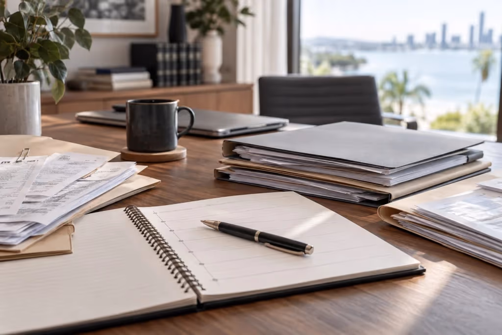 Financial records and a chronology notebook organised for a legal consultation