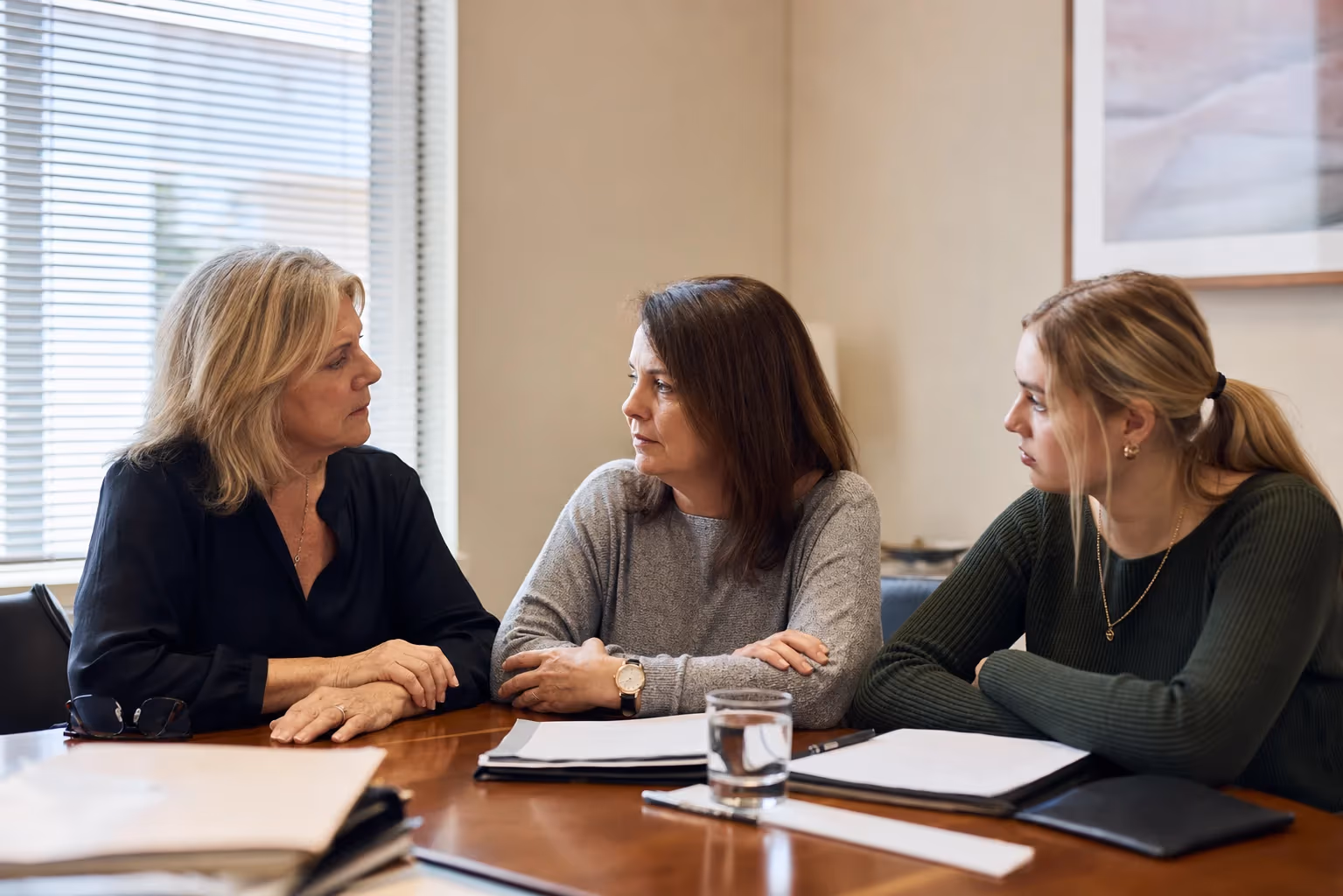 Three family members attend a meeting in a solicitor’s office Three family members attend a meeting in a solicitor's office