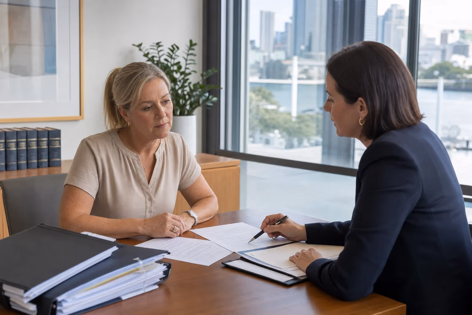 Woman and solicitor reviewing letters of administration documents in Brisbane Family Lawyers Gold Coast Coolangatta