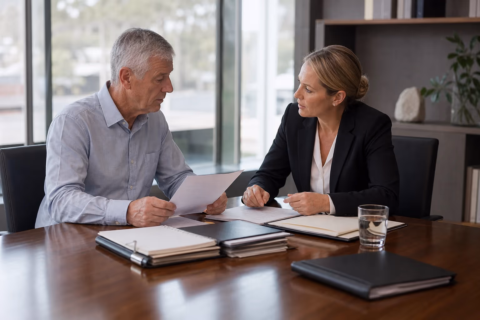 Executor and solicitor reviewing estate notice documents in an office Executor and solicitor reviewing estate notice documents in an office
