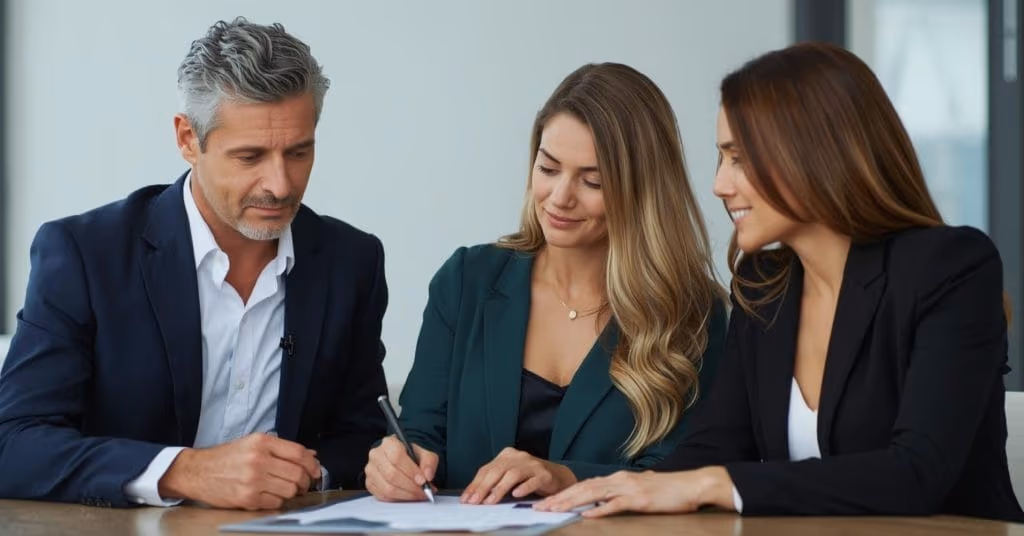 A man and two women signing documents at a desk